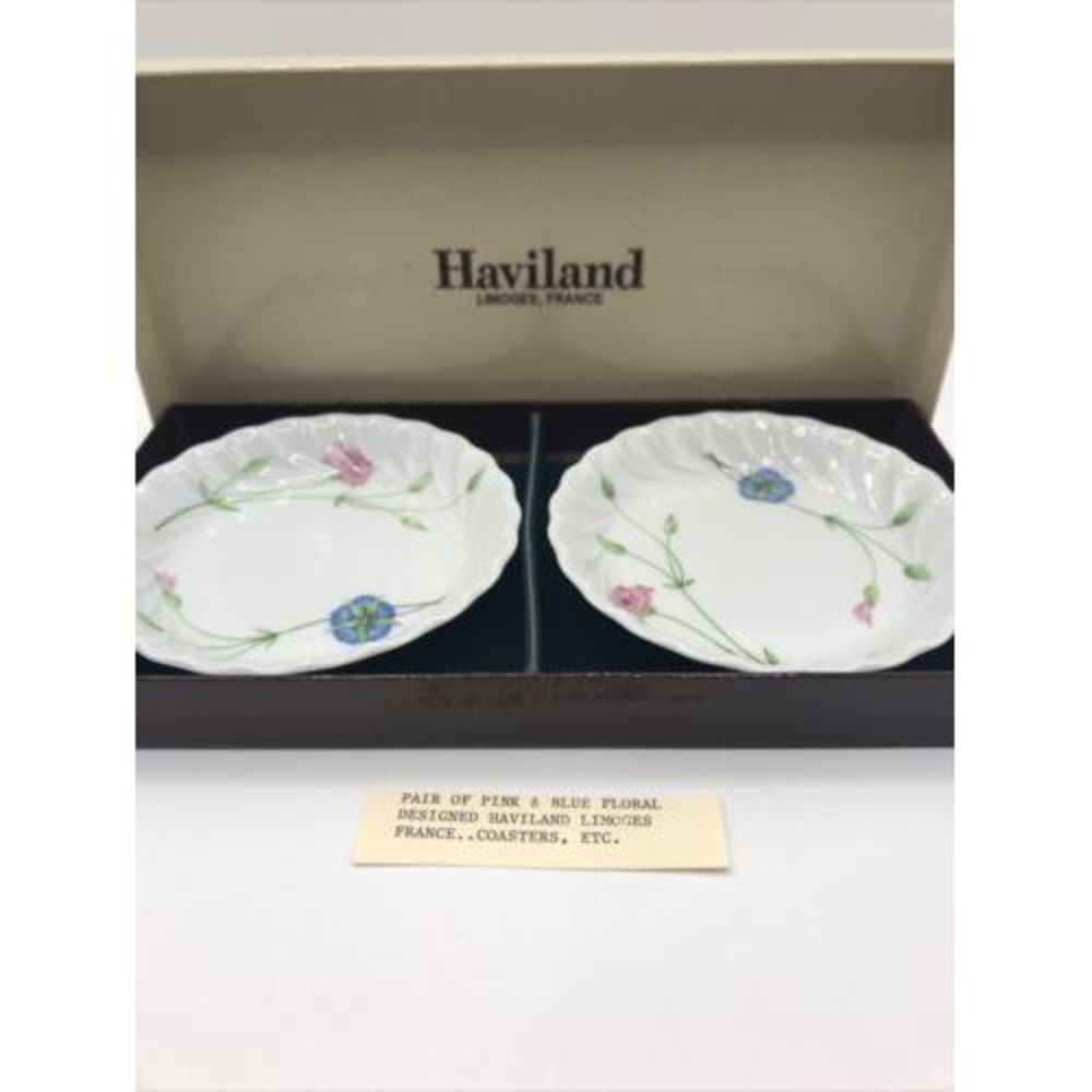 2 Haviland Limoges Coasters - Presentation Box Pink Blue Floral‎